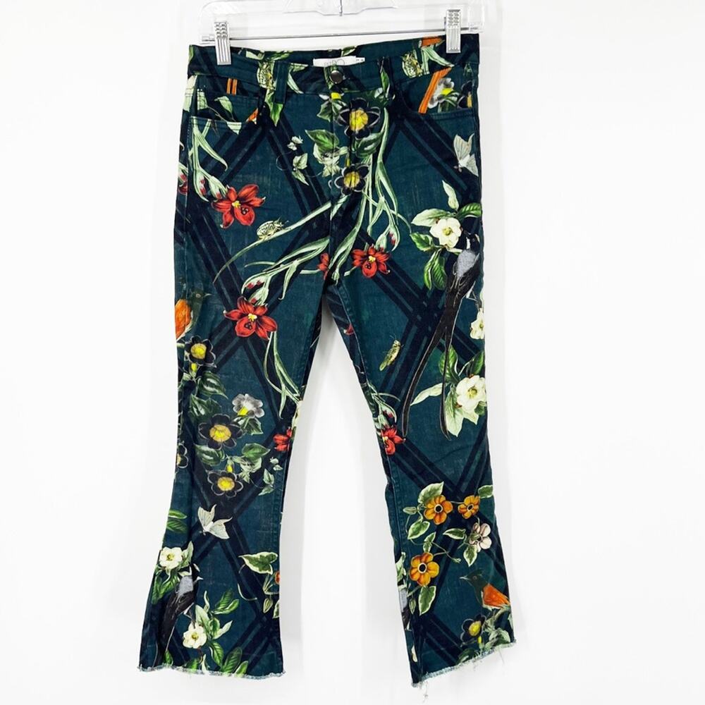 PatBo High Rise Floral Multi-Printed Kick Flare Cropped Jeans Raw Hem